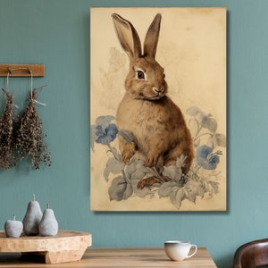 Cottagecore Vintage Bunny Painting Floral Rabbit Portrait Canvas Farmhouse Decor Brown Rabbit Gallery Wrap Print