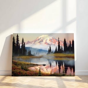Mount Rainier Sunset Landscape Canvas Print | Lake Reflection Wall Art