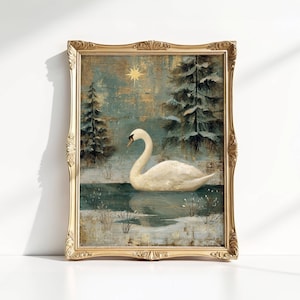 May include: A framed art print featuring a serene winter landscape. A white swan floats on a tranquil body of water, surrounded by snow-covered pine trees. The artwork has a vintage aesthetic with a gold ornate frame, evoking a sense of peace and natural beauty.