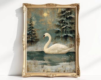 Vintage Christmas Swan Winter Holiday Wall Art Print, Rolled Poster, Antique Oil Painting Style, Snowy Scene, Unframed Decor, Frozen Lake