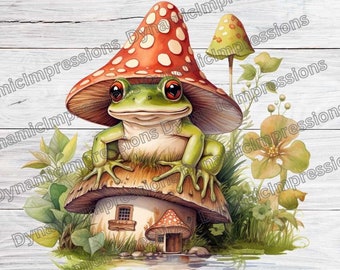 High Quality Colorful Whimsical Cute Frog Mushroom Clipart | Cottagecore Botanical Scene svg, jpg, pdf, png