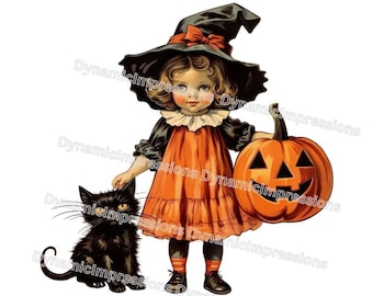 Vintage Halloween Clip Art - kleine heks meisje, pompoen, zwarte kat - Retro vakantie decoratie - Instant Download - png, pdf, jpg, svg