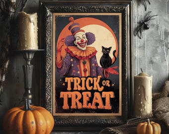 Vintage poster print halloweenclown - retro trick-or-treat-ontwerp, ingelijste Halloween-kunst, decor zwarte kat maan