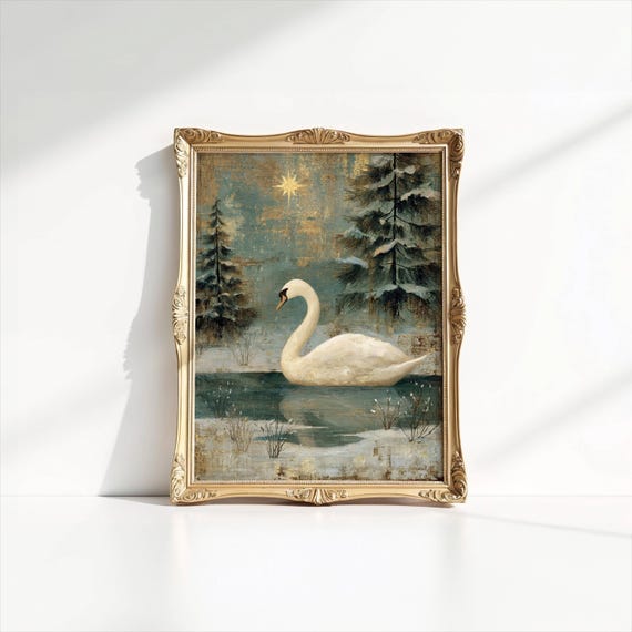 Vintage Christmas Swan Winter Holiday Wall Art Print, Rolled Poster, Antique Oil Painting Style, Snowy Scene, Unframed Decor, Frozen Lake