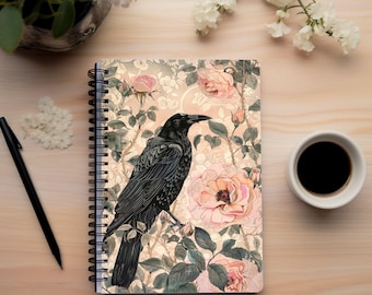 Crow and Roses Dark Cottagecore Notebook - Floral Notebook Spiral - 118 Page Spiral Notebook - 6x8 Notepad - Raven Notebook