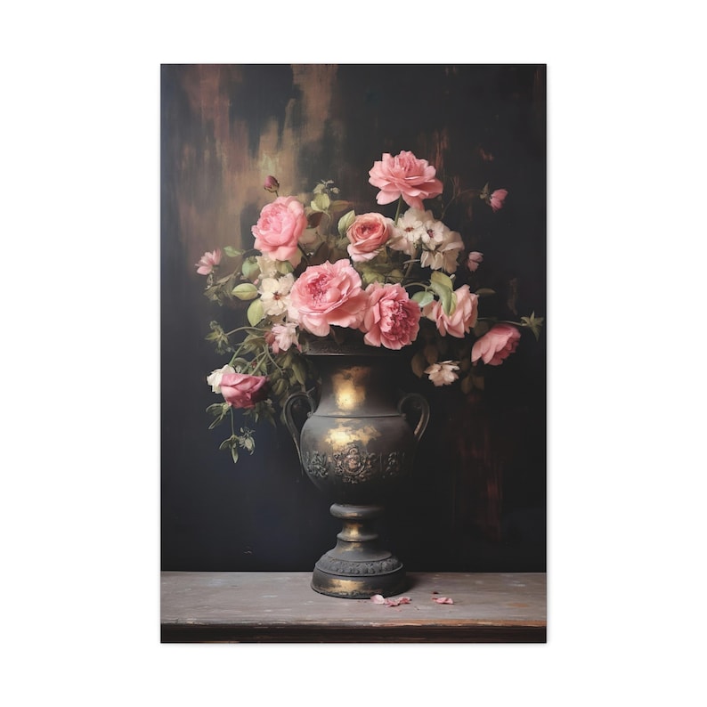 Vintage Dark Moody Victorian Still Life Pink Floral Roses Oil Painting ...