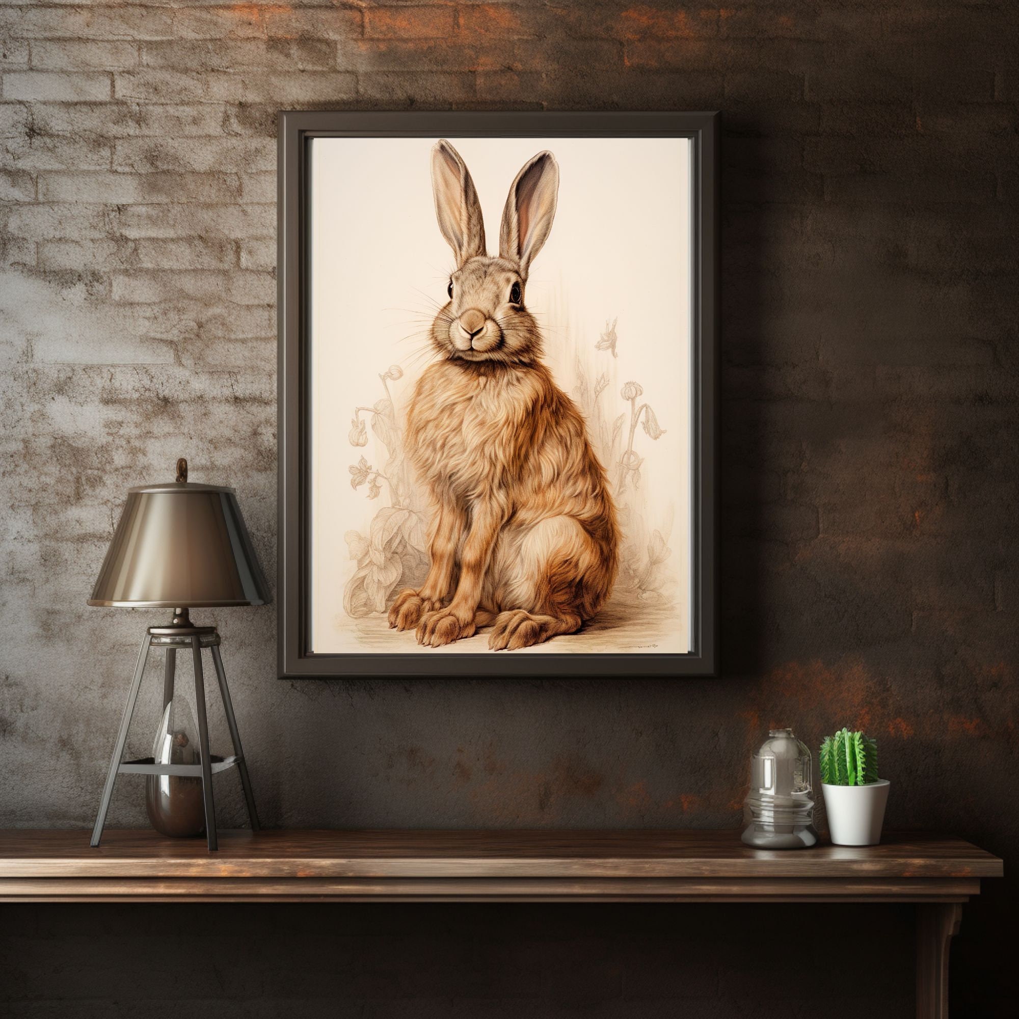 Vintage Brown Bunny Painting Floral Rabbit Portrait Animal Art Print ...