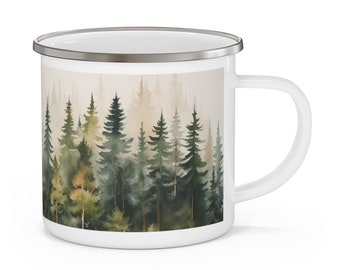 Embrace Nature: 12 oz Glazed Enamel Camping Coffee Mug with Watercolor Nordic Pine Forest Design - Nature-Inspired Coffee Mug