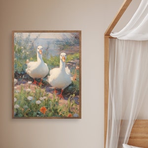 May include: A painting of two white ducks walking on a path in a grassy area with flowers. The ducks have orange beaks and feet.