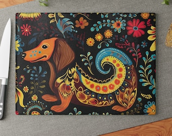 Dachshund Cutting Board - Whimsical Dachshund Glass Cutting Board - Vibrant Kitchen Decor - Dog Lover's Gift - Decorative Cutting Board