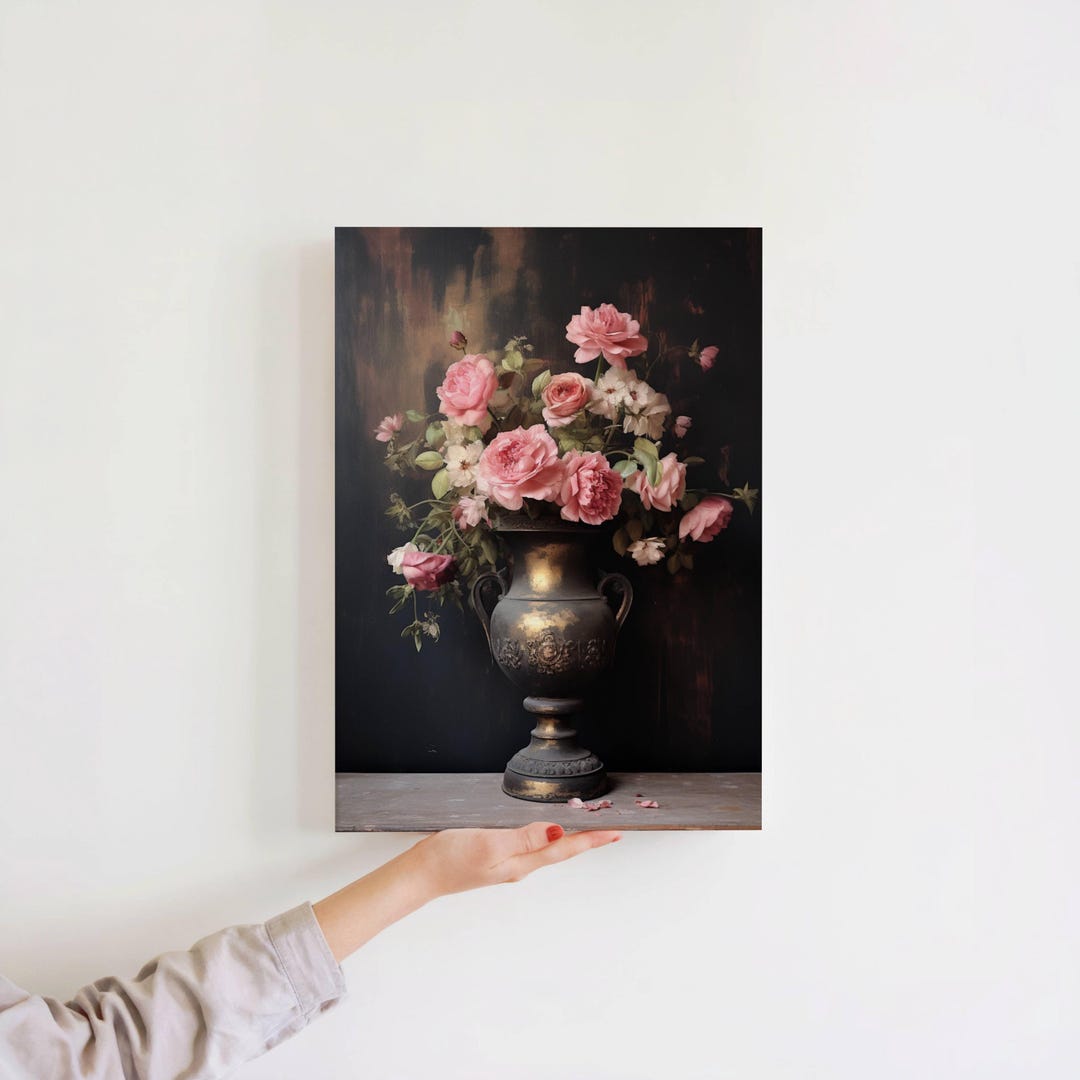 Vintage Dark Moody Victorian Still Life Pink Floral Roses Oil Painting ...