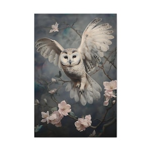 Majestic Victorian Barn Owl - Dark Cottagecore Pink Floral Decor - Majestic Bird Painting - Bird Art - Canvas Gallery Art Print