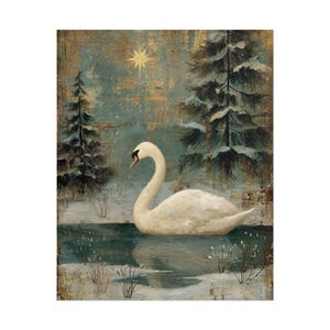 Vintage Christmas Swan Winter Holiday Wall Art Print, Rolled Poster, Antique Oil Painting Style, Snowy Scene, Unframed Decor, Frozen Lake image 6