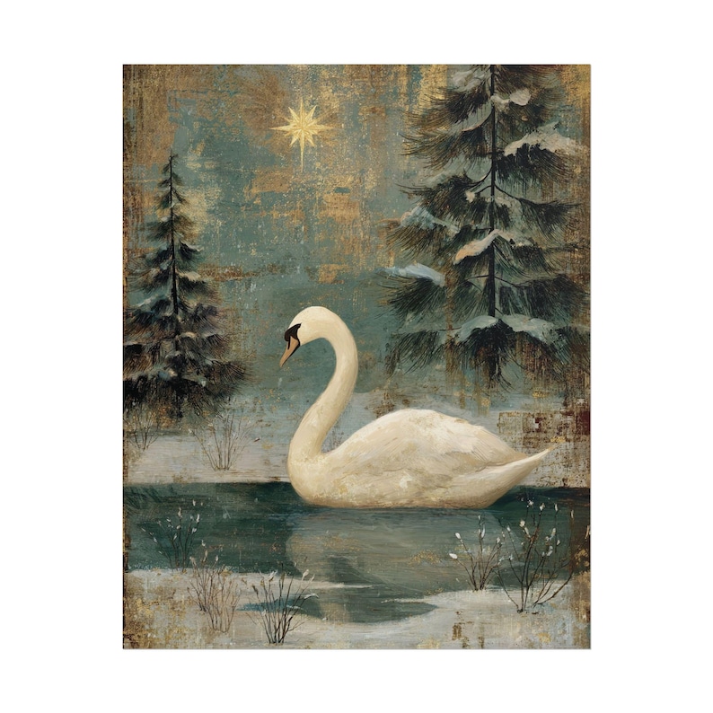 Vintage Christmas Swan Winter Holiday Wall Art Print, Rolled Poster, Antique Oil Painting Style, Snowy Scene, Unframed Decor, Frozen Lake image 6
