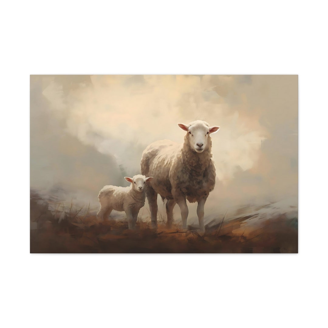 Vintage Mother Sheep & Lamb | Farmhouse Decor | Animal Art Oil Painting ...