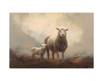 Könnte beinhalten: Ein weißes Schaf und ein weißes Lamm stehen auf einem Feld mit einem nebligen Hintergrund. Das Schaf schaut direkt auf den Betrachter, während das Lamm zur Seite schaut. Das Feld ist hellbraun und der Nebel ist hellgrau.