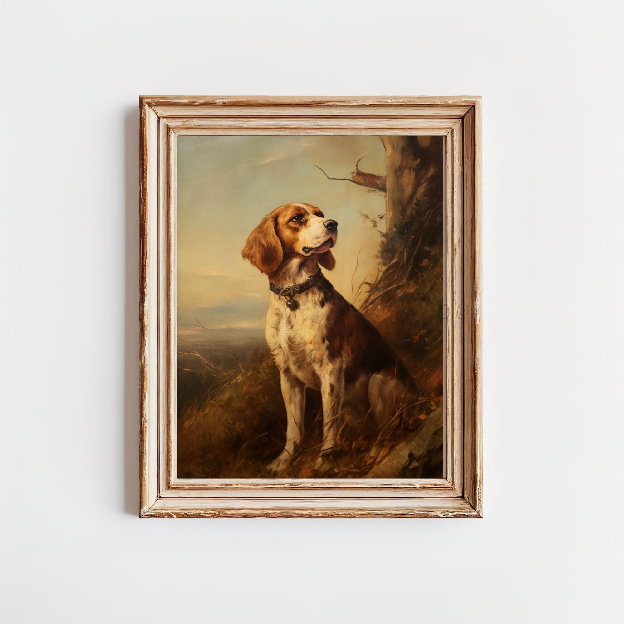 19th Century Hunting Dog by the Tree - Unframed Premium Matte Poster Print - Dog Oil Painting Portrait - Hunting Dog Print