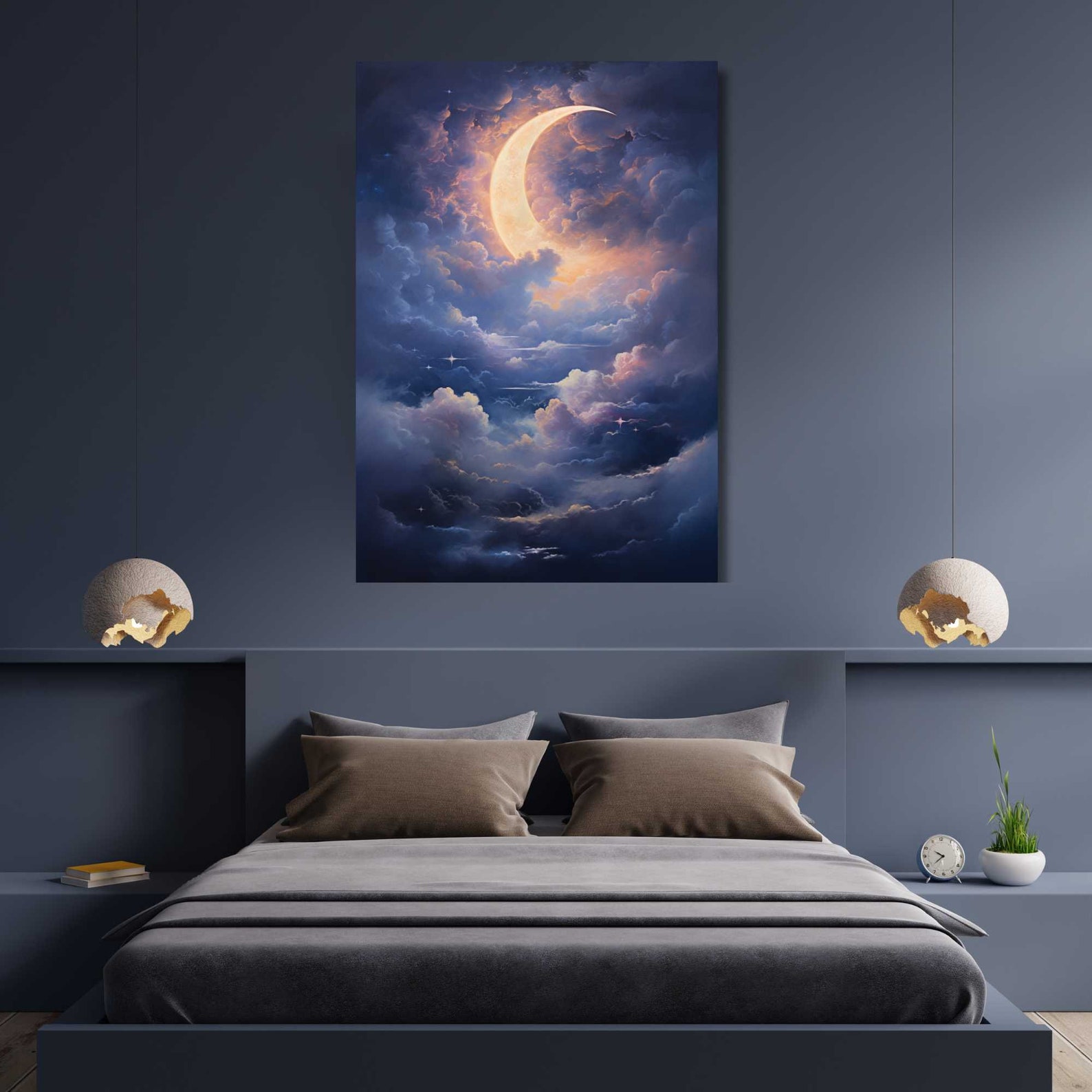Cloudy Night Sky Crescent Moon Motif Canvas Gallery Wrap Print - Etsy