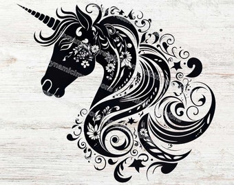 Whimsical Unicorn Silhouette Clip Art V2 | Black Outline | Instant Download | White Background | jpg pdf png svg