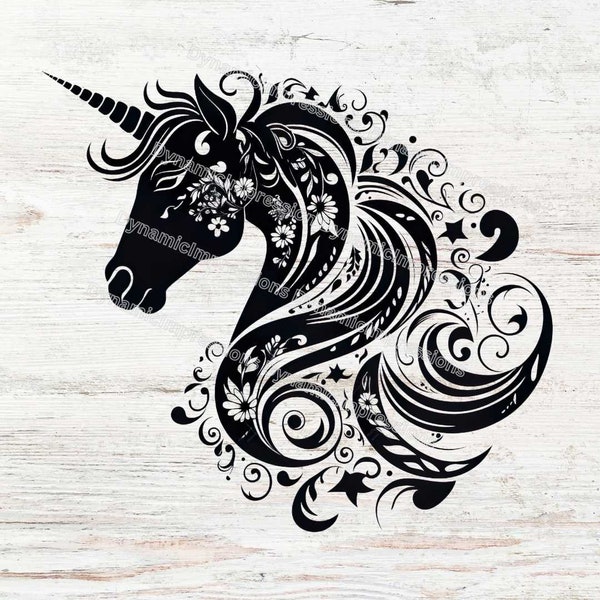 Whimsical Unicorn Silhouette Clip Art V2 | Black Outline | Instant Download | White Background | jpg pdf png svg