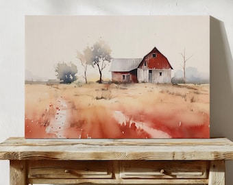Minimalist Farmhouse Landscape Canvas Art Print - Watercolor Painting for Modern Rustic Wall Decor