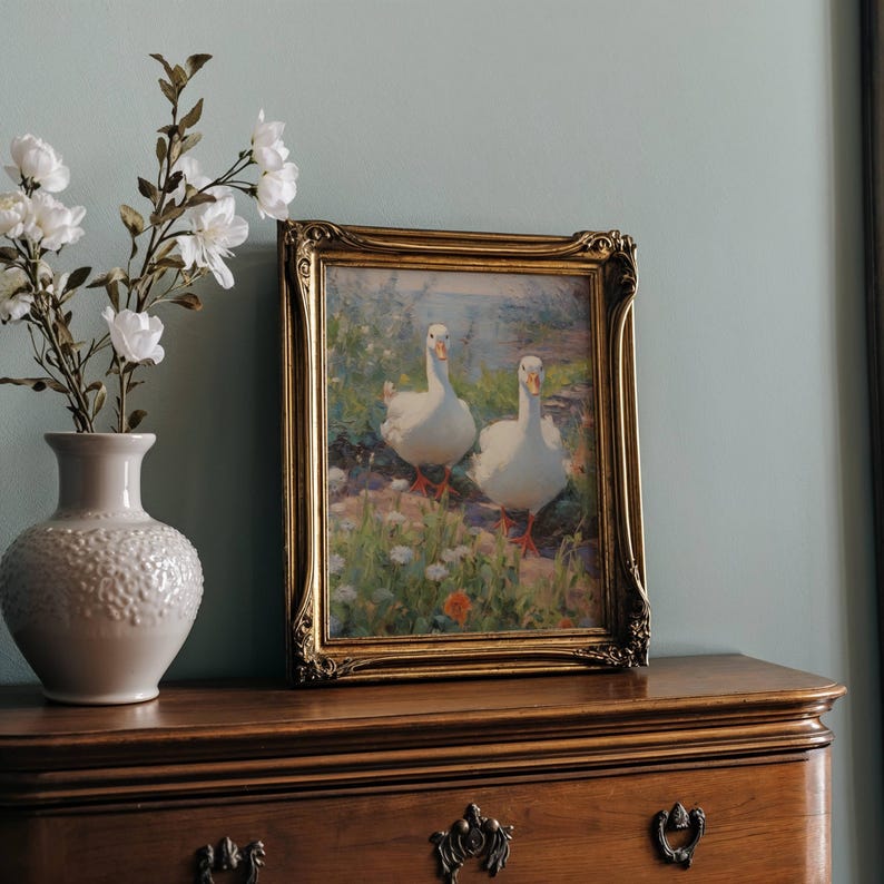 Vintage Geese Oil Painting Poster | Impressionist Field of Flowers | Nursery Wall Art Print image 3
