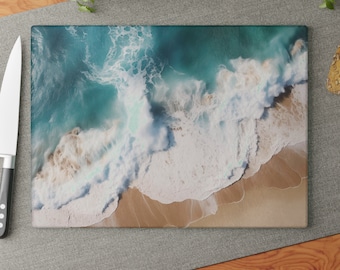 Beach Waves Tempered Glass Cutting Board - Stunning Kitchen Decor in 11x15" and 8x11" Sizes - Decorative Cutting Board