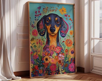 Póster de perro salchicha colorido - Arte floral caprichoso - Impresión mate sin marco