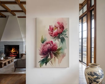 Pink Peonies Botanical Watercolor Wall Art - Floral Feng Shui Home Decor - Canvas Print