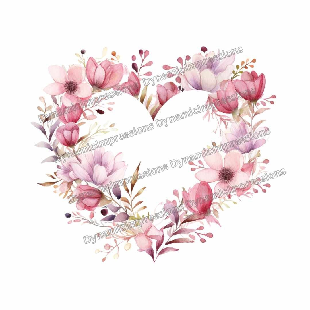 Watercolor Pink Heart Floral Heart Shaped Wreath - Wedding Clip Art DIY ...