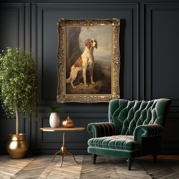 Antique Irish Setter Painting - Spaniel Pointer Dog Oil Painting - Vintage Oil Painting Dog - Unframed Premium Matte Poster Print