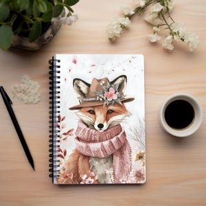 Caderno espiral Fox com chapéu e lenço - Caderno espiral floral - Caderno espiral de 118 páginas - Caderno espiral durável - Bloco de notas 6x8