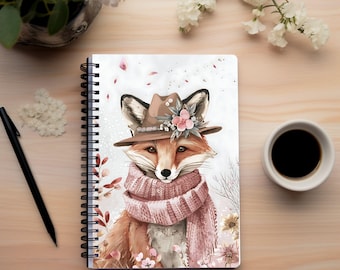 Fox spiraal notitieboek met hoed en sjaal - bloemen notitieboek spiraal - 118 pagina's spiraal notitieboek - duurzaam spiraal notitieboek - 6 x 8 notitieblok