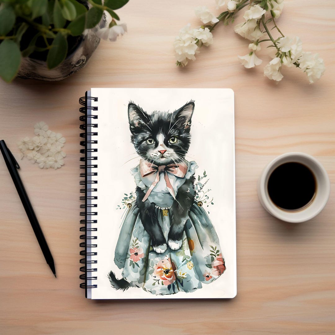 Cute Pink & Black Cat Spiral Notebook - 5.5" X 8.3" Hardcover Lined Journal, Gift For Cat Lovers, Women & Girls