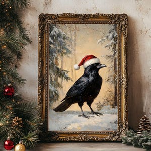 Moody Antique Christmas Raven in Santa Hat Oil Painting Print - Dark Winter Scene Poster - Unframed Holiday Wall Art