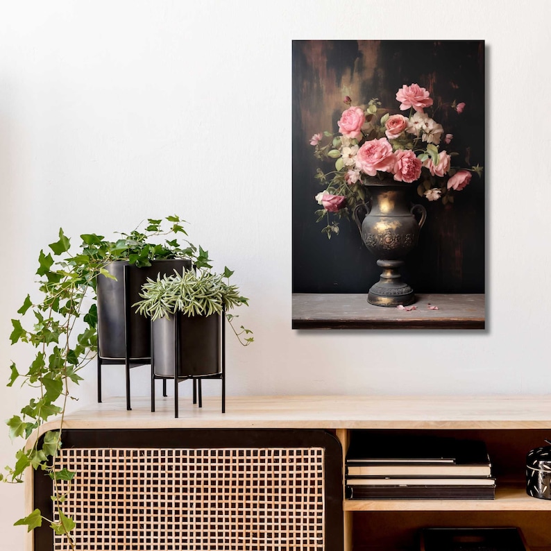 Vintage Dark Moody Victorian Still Life Pink Floral Roses Oil Painting ...