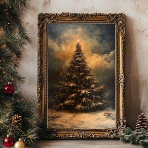 Unframed Moody Christmas Tree Oil Painting Print | Snowy Winter Outdoor Scene | Christmas Home Decor
