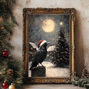 Moody Vintage Christmas Art Print - Raven in Santa Hat - Snowy Village - Full Moon Poster - Dark Holiday Decor