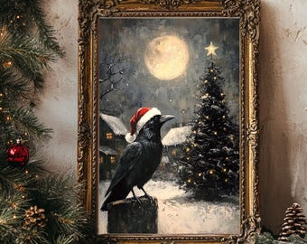 Moody Vintage Christmas Art Print - Raven in Santa Hat - Snowy Village - Full Moon Poster - Dark Holiday Decor