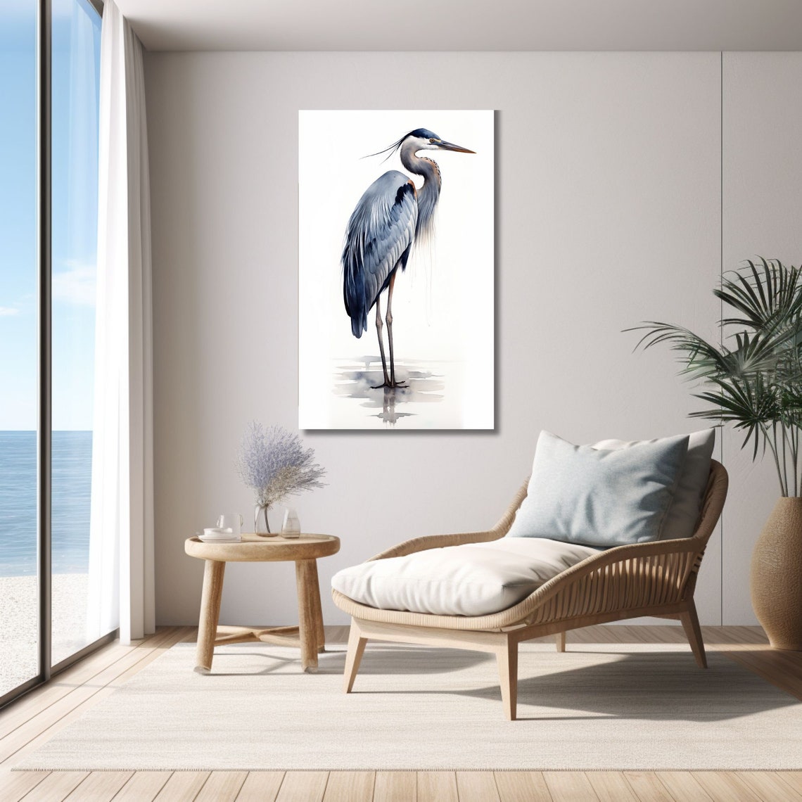 Très grande peinture, oeuvre d'art murale héron, estampes de