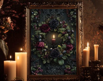 Gothic Christmas Wreath Wall Art | Dark Holiday Candle Print | Gothmas Floral Rose Poster