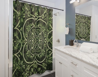 Groen boho douchegordijn met bloemenrooster, 71 x 74 inch duurzaam polyester, boho badkamerdecoratie