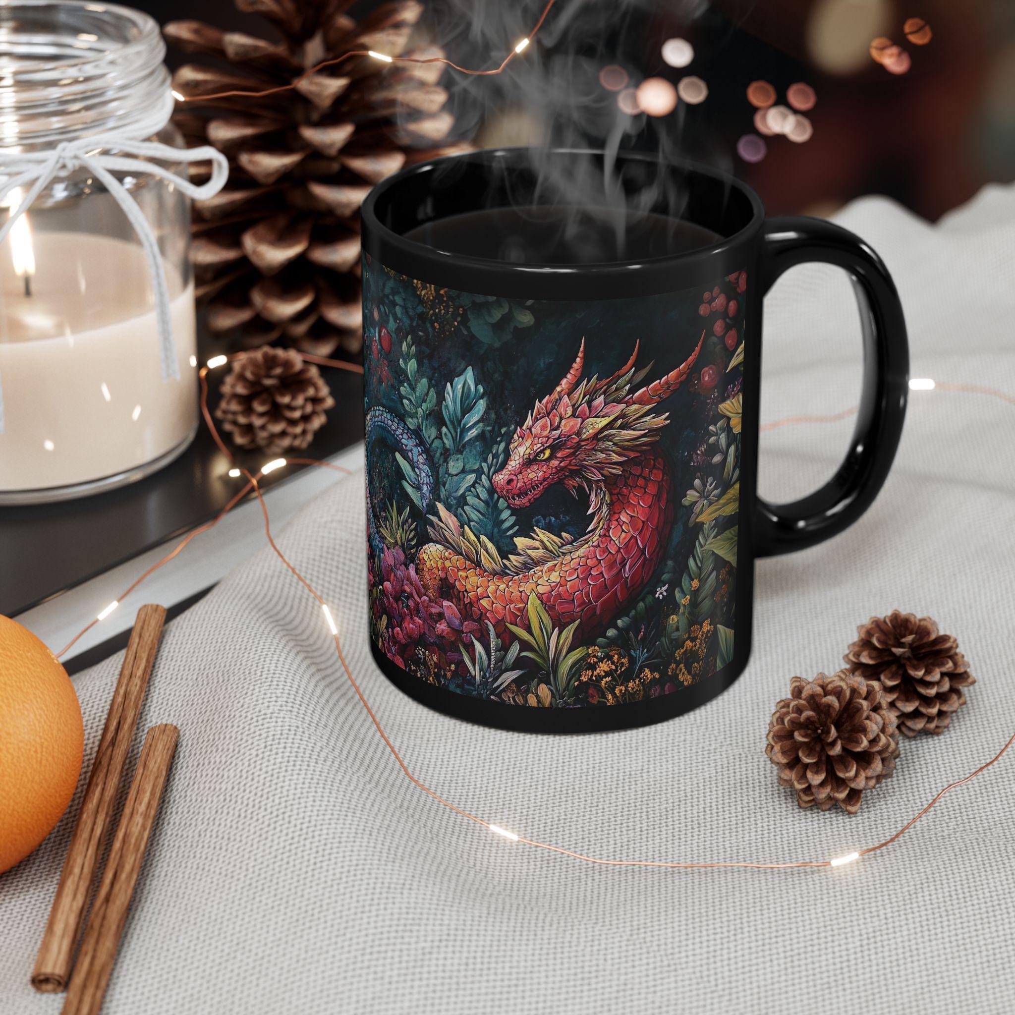 Whimsical Dragon Mug - Botanical Theme - 11 Oz Ceramic Cup - Etsy