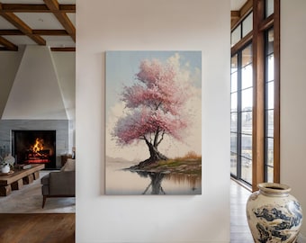 Impresión en lienzo con diseño de flor de cerezo rosa y arte Feng Shui para pared, decoración del hogar