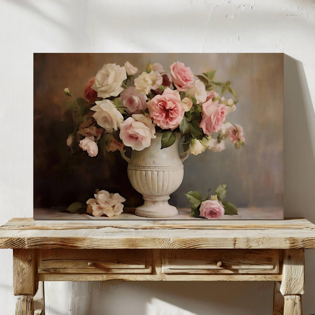Victorian Pink Floral Roses Canvas Print - Vintage Oil Painting Art - Etsy