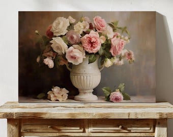 Victorian Pink Floral Roses Canvas Print - Vintage Oil Painting Art