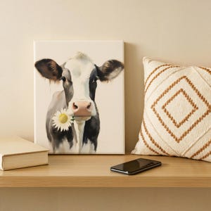 Rustic Farmhouse Cow Painting Canvas Print - Country-Inspired Wall Art - Cow&#39;s Face Holding Daisy - Farmhouse Decor
