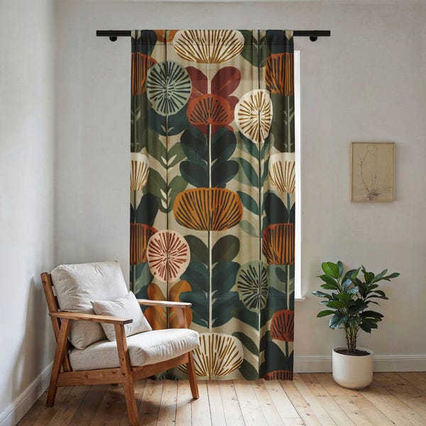 Painel de cortina transparente com estampa botânica boho 50x84 | Cortina floral moderna de meados do século | Decoração para sala de estar em tons terrosos | Painel único