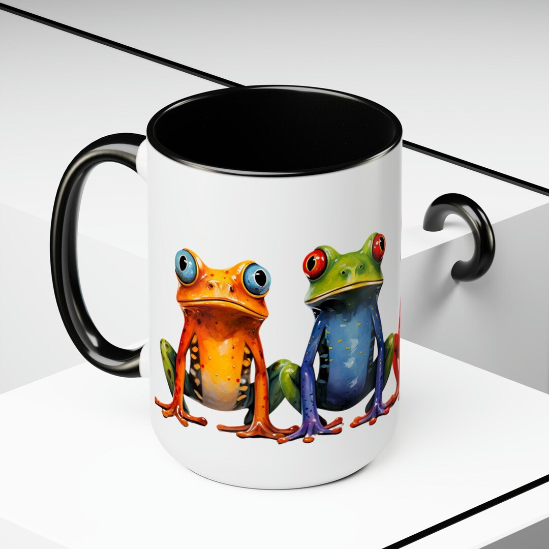 Whimsical Vibrant Multicolor Frogs 15 Oz Ceramic 2-tone Accent Coffee ...