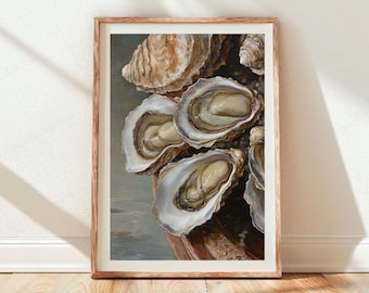 Unframed Oyster Still Life Print - Rustic Kitchen Wall Decor -  Nautical Coastal Art - Matte Vertical Poster